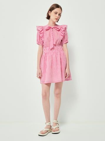 Đầm caro có dây thắt nơ dáng xòe màu hồng