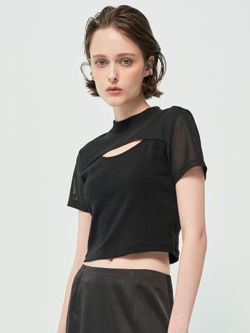 Áo croptop khoét ngực vải lưới màu đen