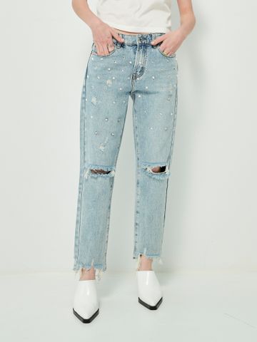 Quần jean màu xanh dài rách gấu đính đá