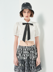 Áo Croptop Tay Phồng Cổ Thắt Nơ Đen